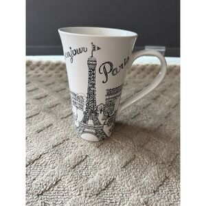 222 Fifth Latte Porcelain Mug Tall Bonjour Paris White/Black